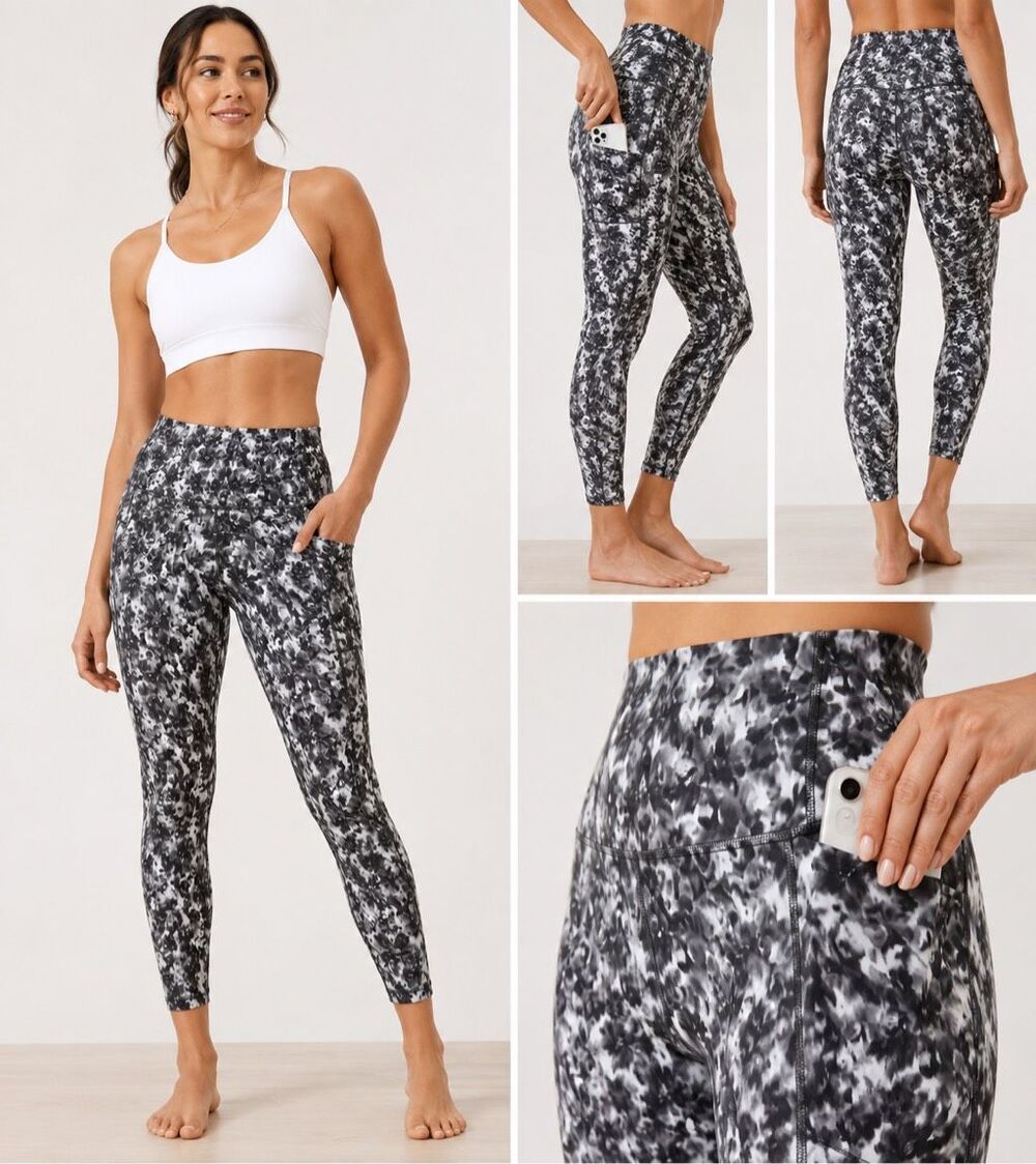 Athleta Salutation Stash 7/8 Tight Leggings Small Black Gray Abstract High Rise